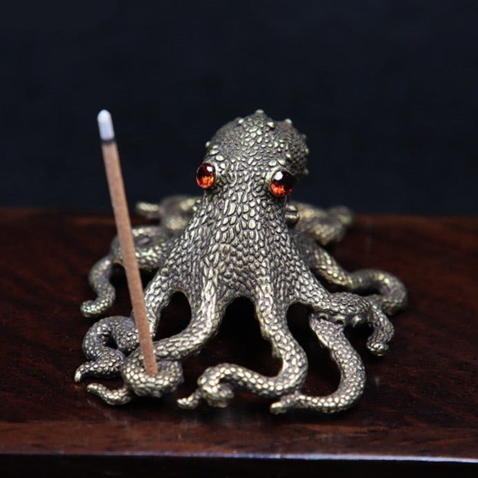 Brass Octopus Statue Incense Holder with Red Eyes