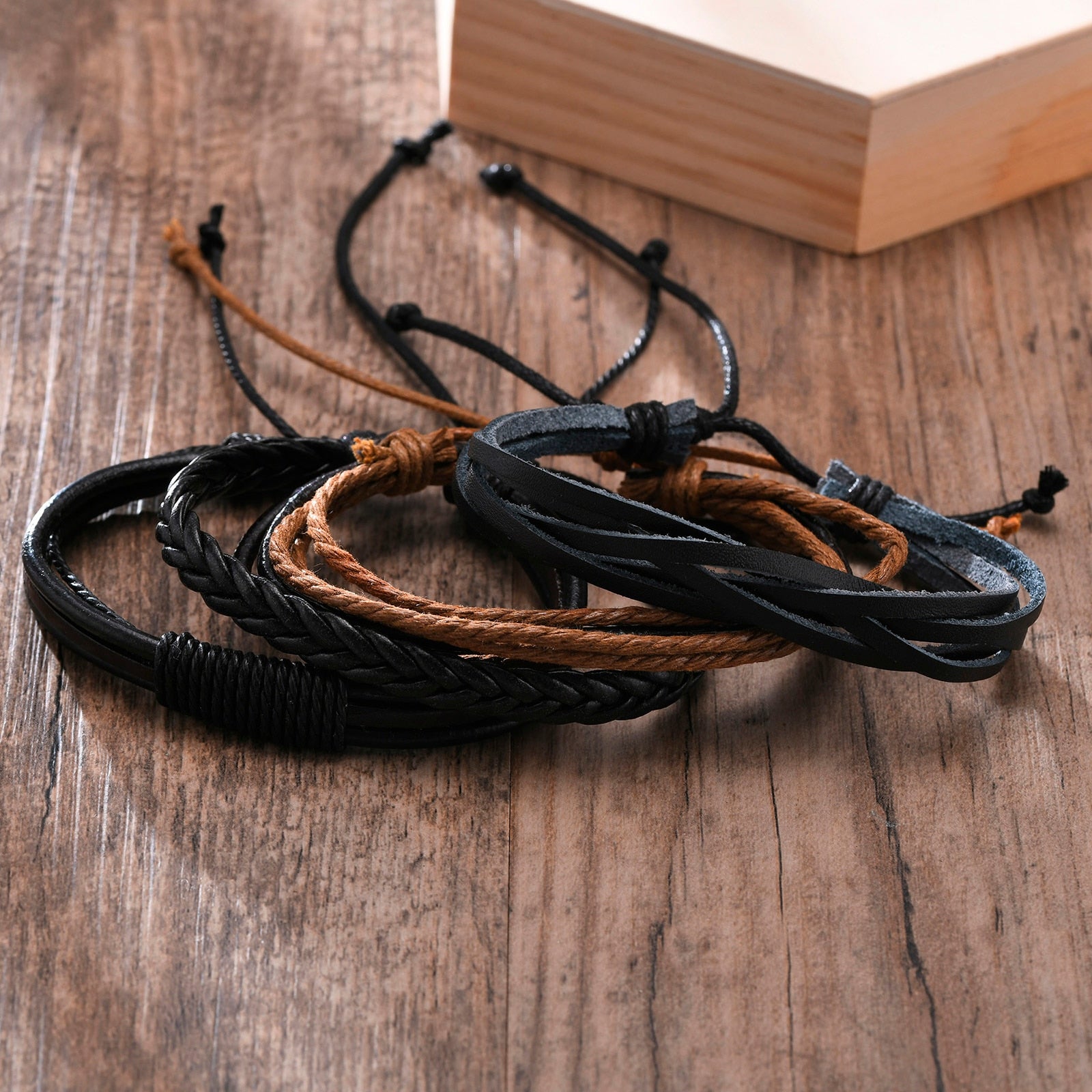 Braided Wrap Leather Bracelets for Men 4Pcs/Set