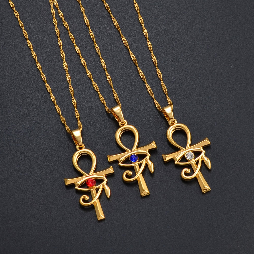 Ankh Cross w/ Crystal Eye of Horus Pendant w/ Necklace