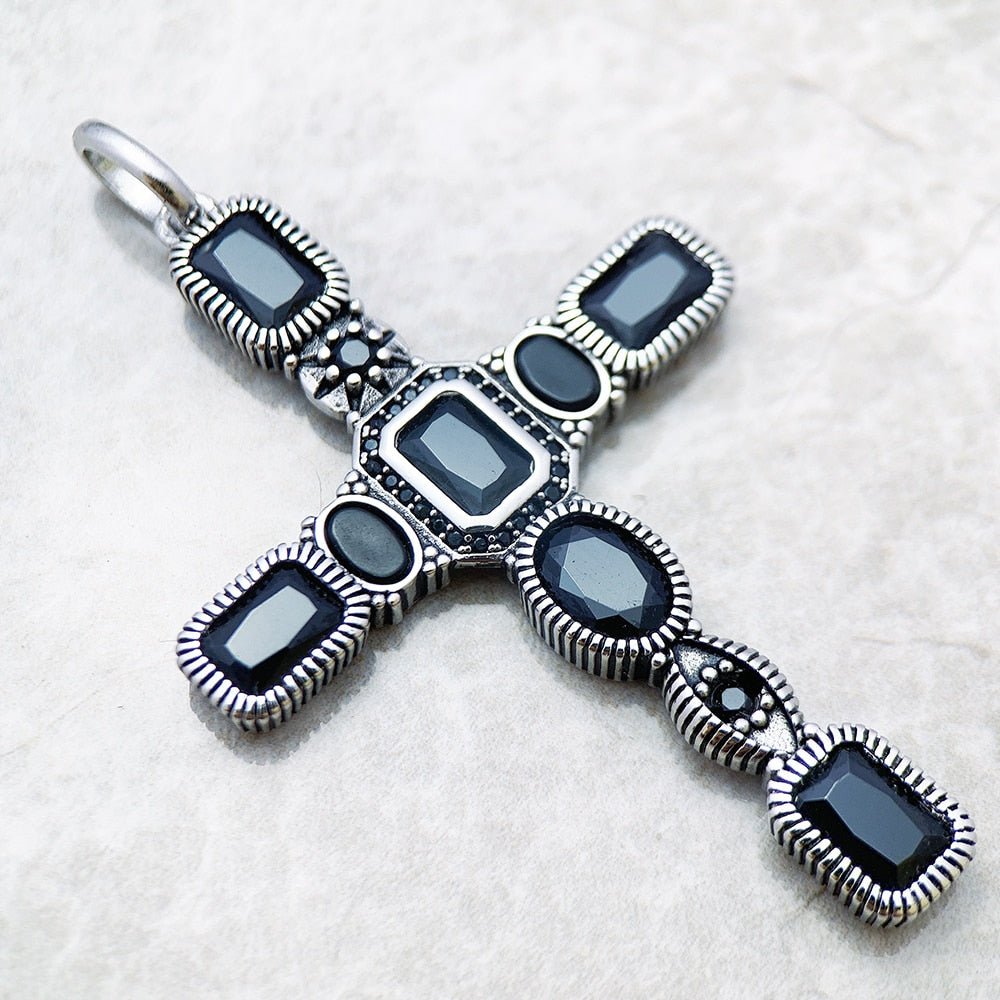 Black Stone Cross Pendant Sterling Silver 925