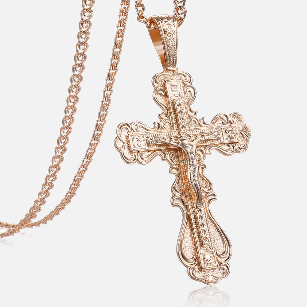 Jesus on the Holy Cross Pendant Necklace in Rose Gold Colour