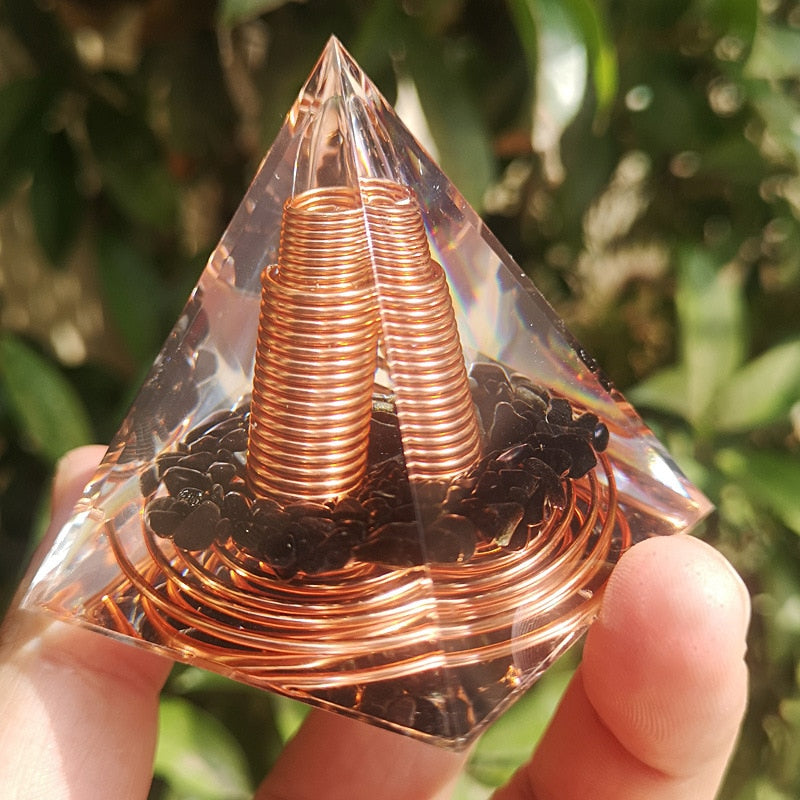 Spiral Copper Wire Orgonite Pyramid with Obsidian