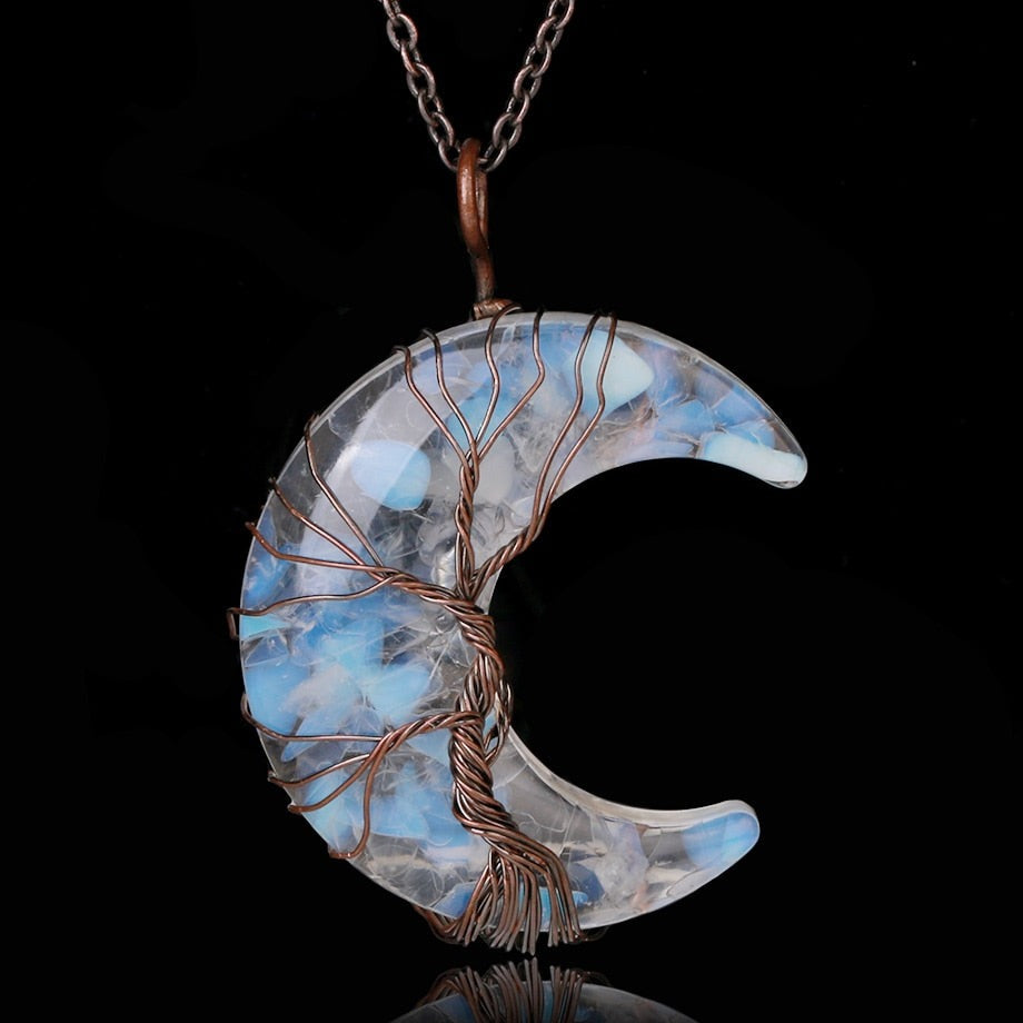 Tree of Life Wire Wrap Crystal Crescent Moon Pendant w/ Necklace