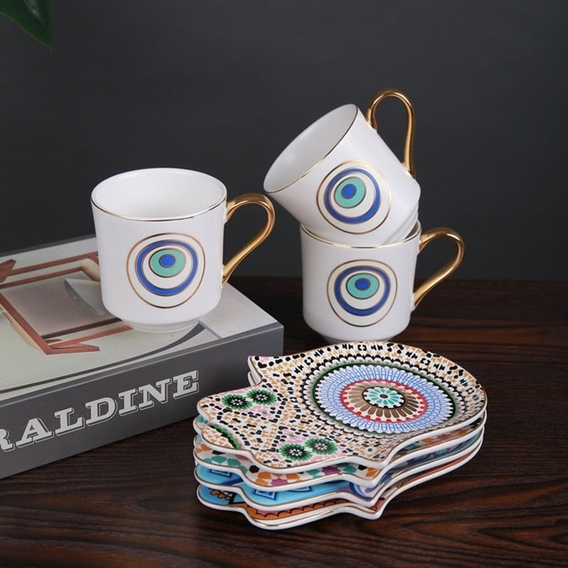 Evil Eye Coffee Cup & Hamsa Hand Saucer Set