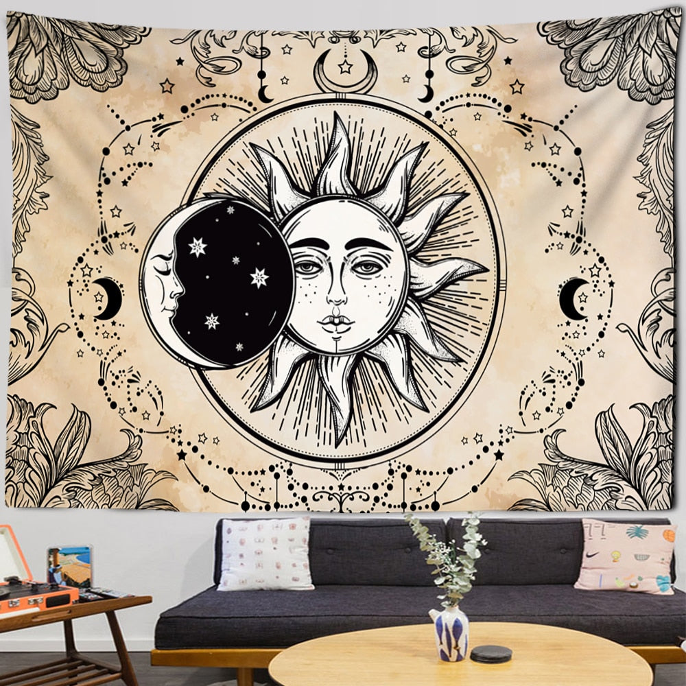 Sun & Crescent Moon on Off White Tapestry