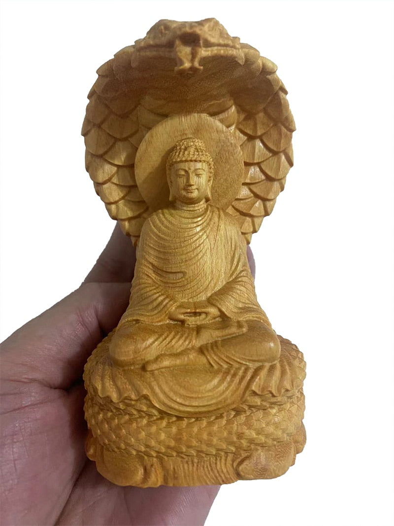 Buddha with the Immortal Serpent Protector Naga Hand-carved Solid Wood Statue