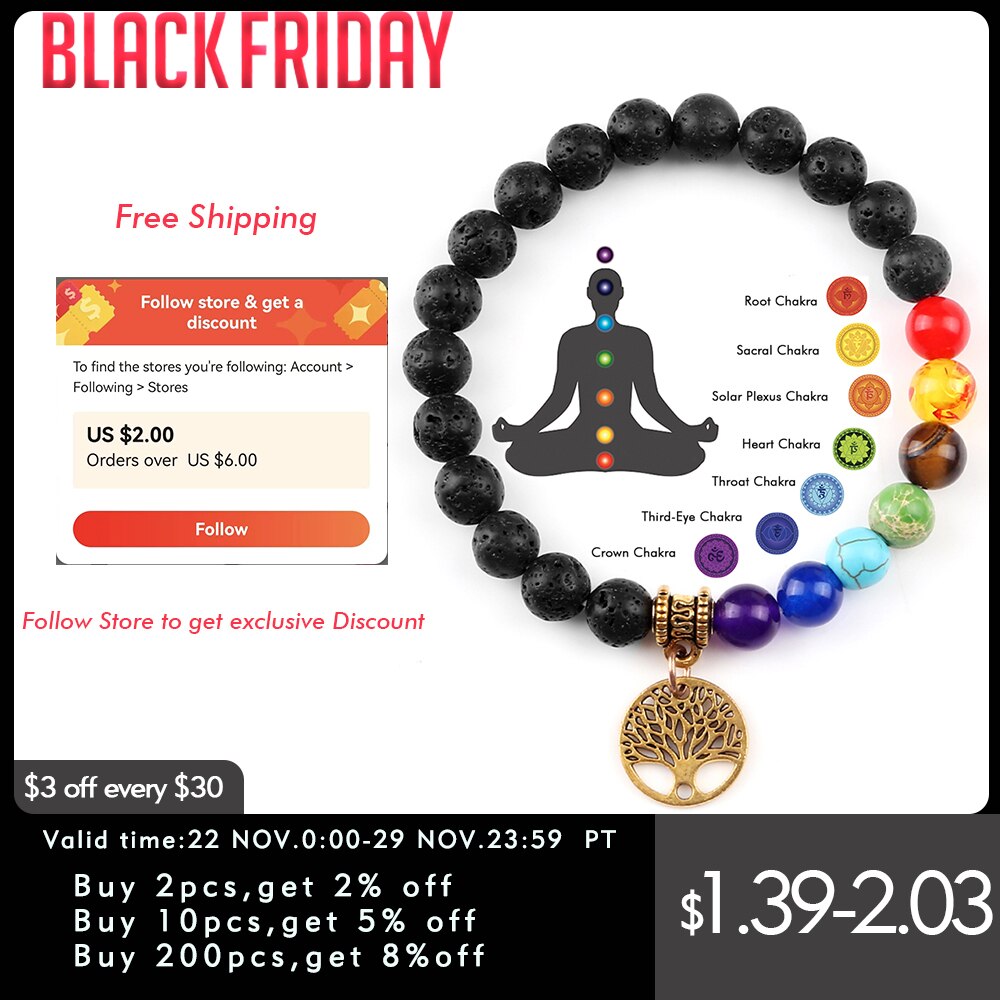 7 Chakra Stones Bracelet w/ Tree of Life Pendant