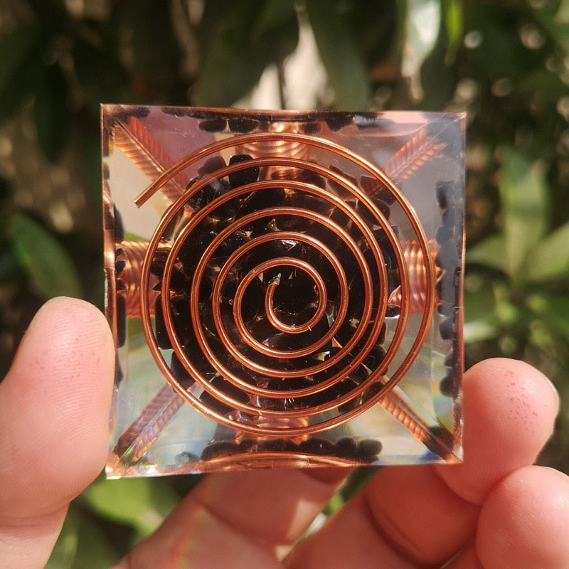 Spiral Copper Wire Orgonite Pyramid with Obsidian