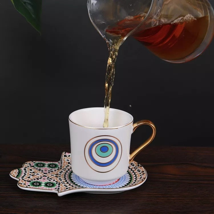 Evil Eye Coffee Cup & Hamsa Hand Saucer Set