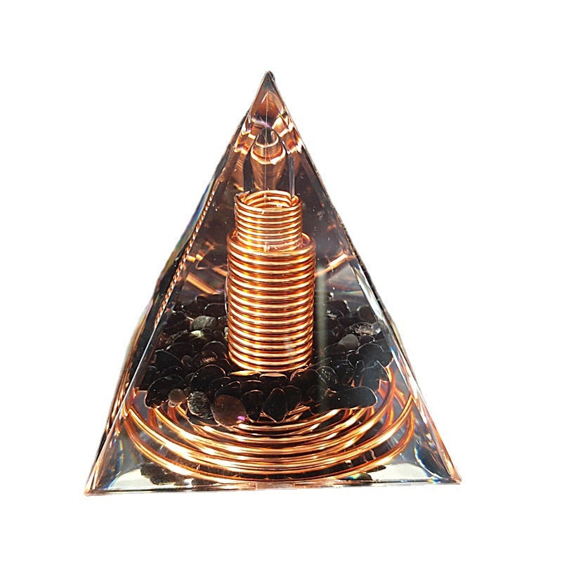 Spiral Copper Wire Orgonite Pyramid with Obsidian