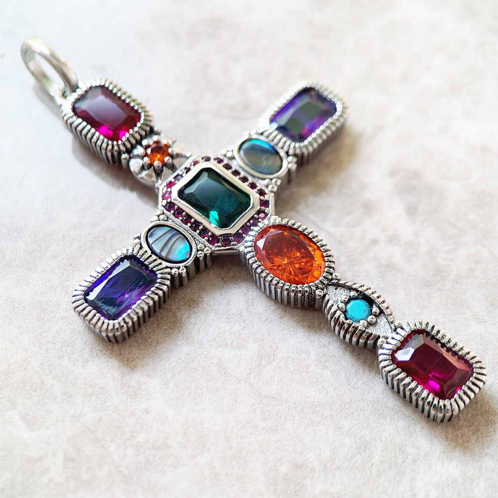 Silver Cross Pendant with Gems