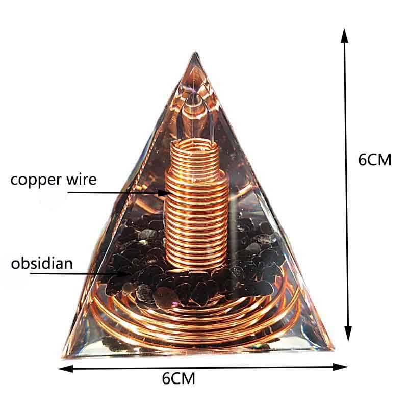 Spiral Copper Wire Orgonite Pyramid with Obsidian