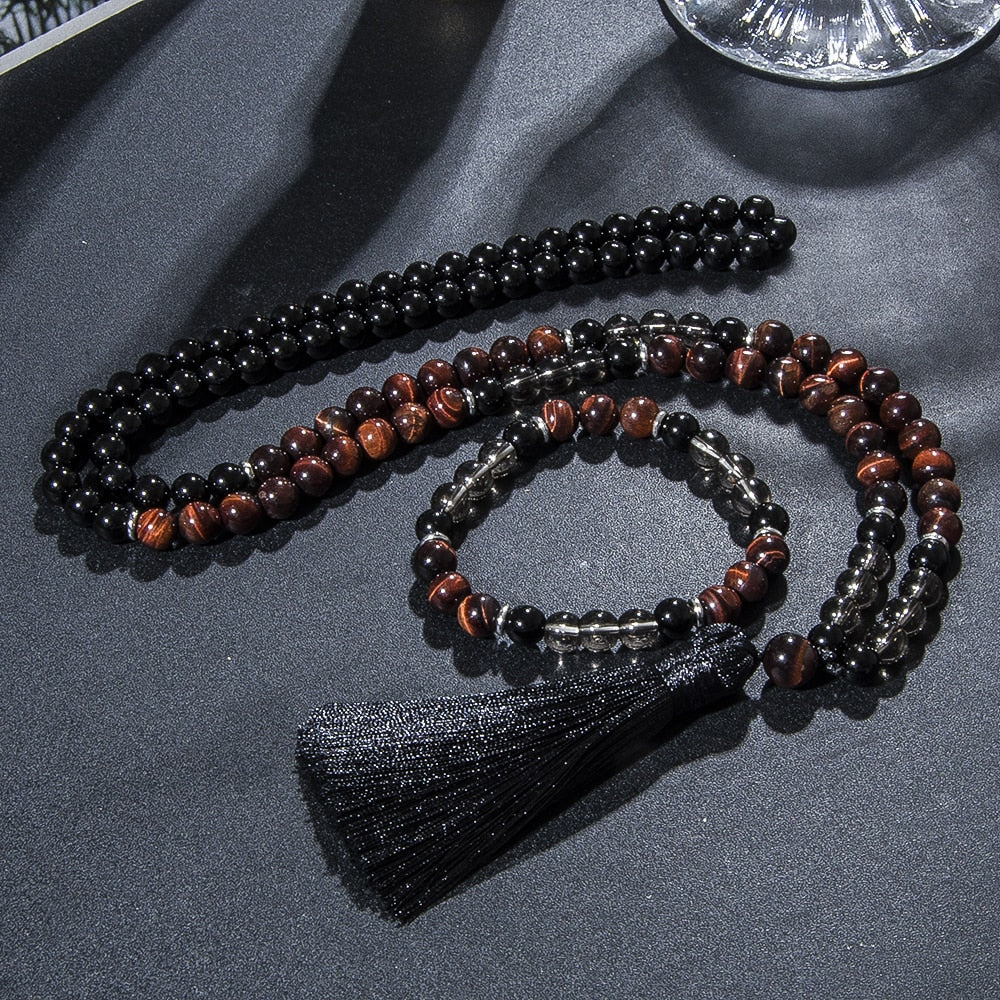 108 Bead Mala Handmade w/ Natural Red Tiger Eye & Black Onyx Stones