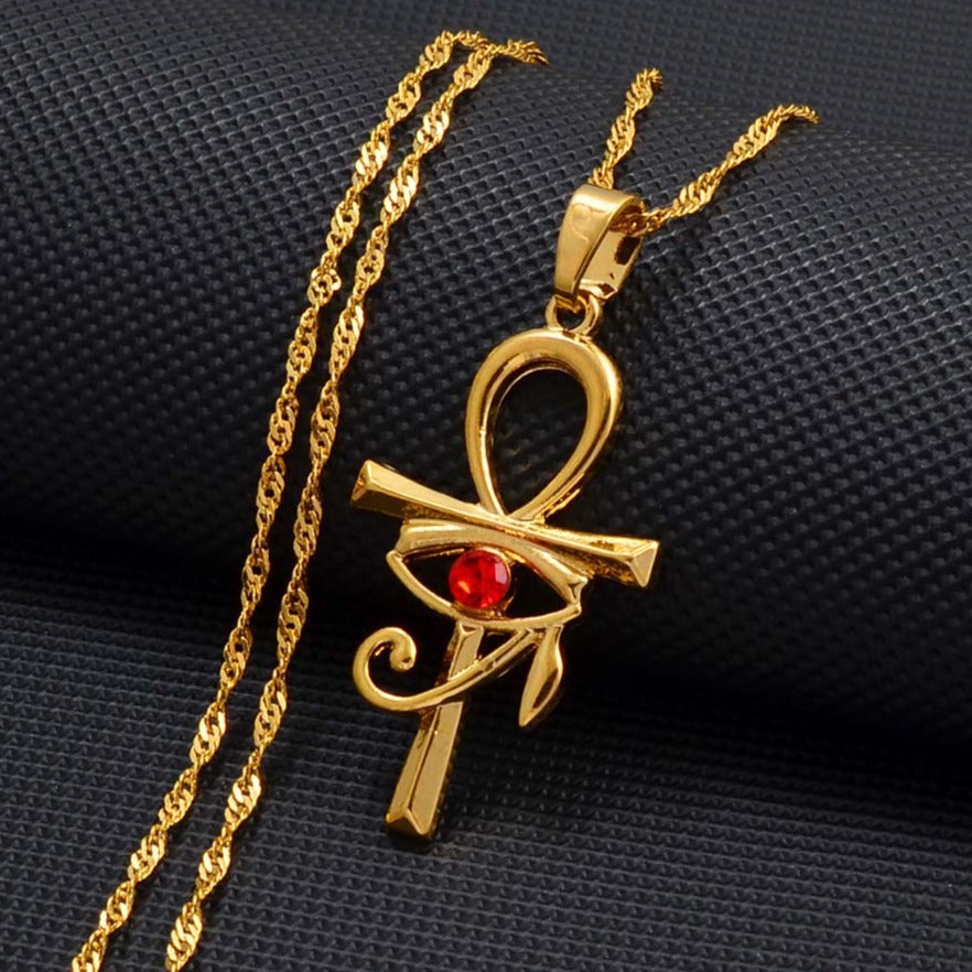 Ankh Cross w/ Crystal Eye of Horus Pendant w/ Necklace