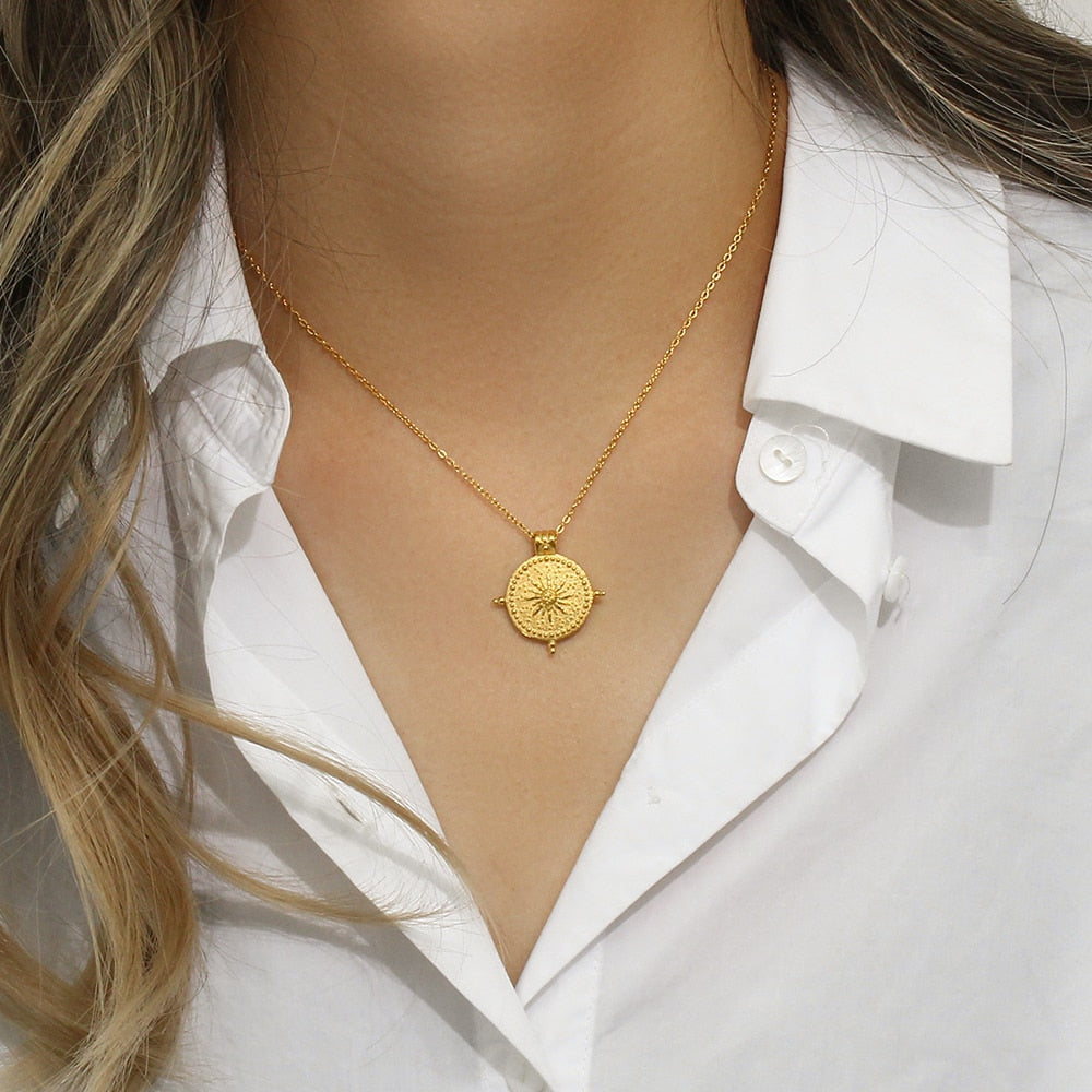 Ancient Sun Compass Pendant w/ Necklace