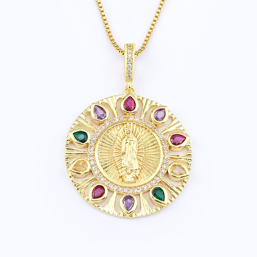 Virgin Mary Crystal Rainbow Water Drops Pendant Necklace