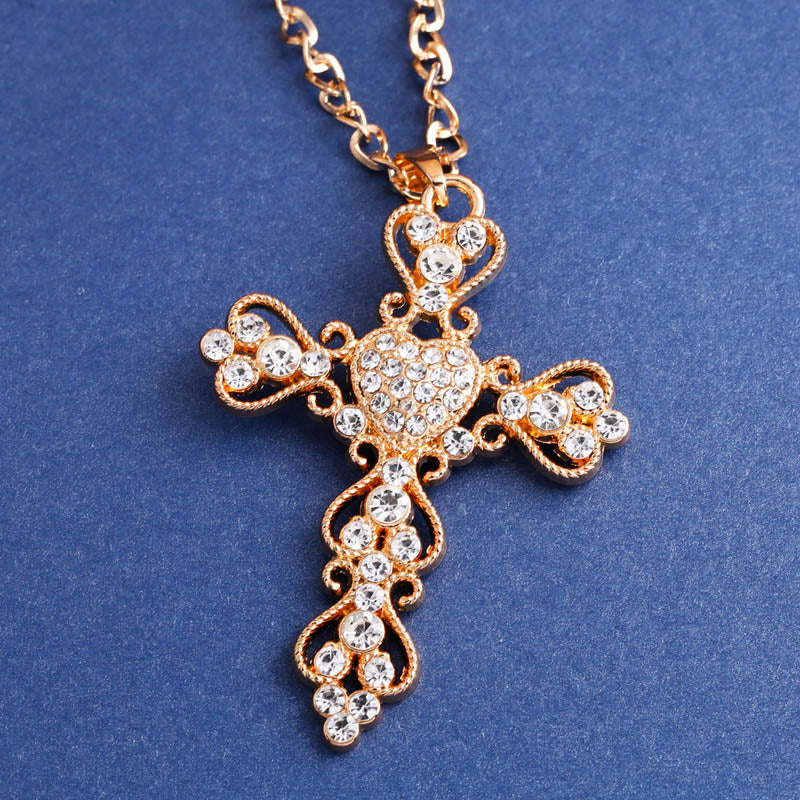 Large Crystal Gothic Style Cross Pendant Necklace