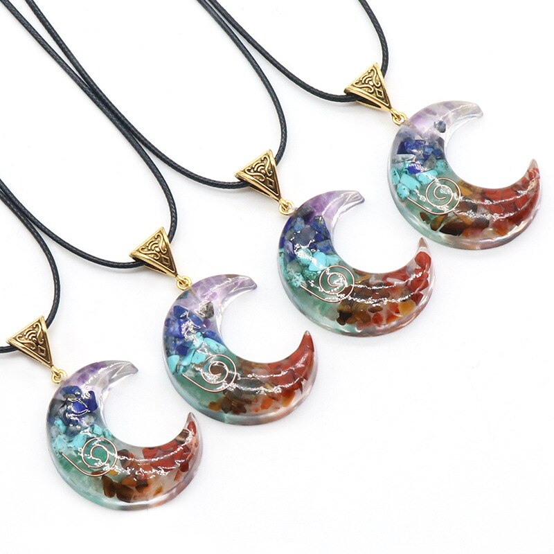 7 Chakras Crescent Moon Crystal Pendant Necklace